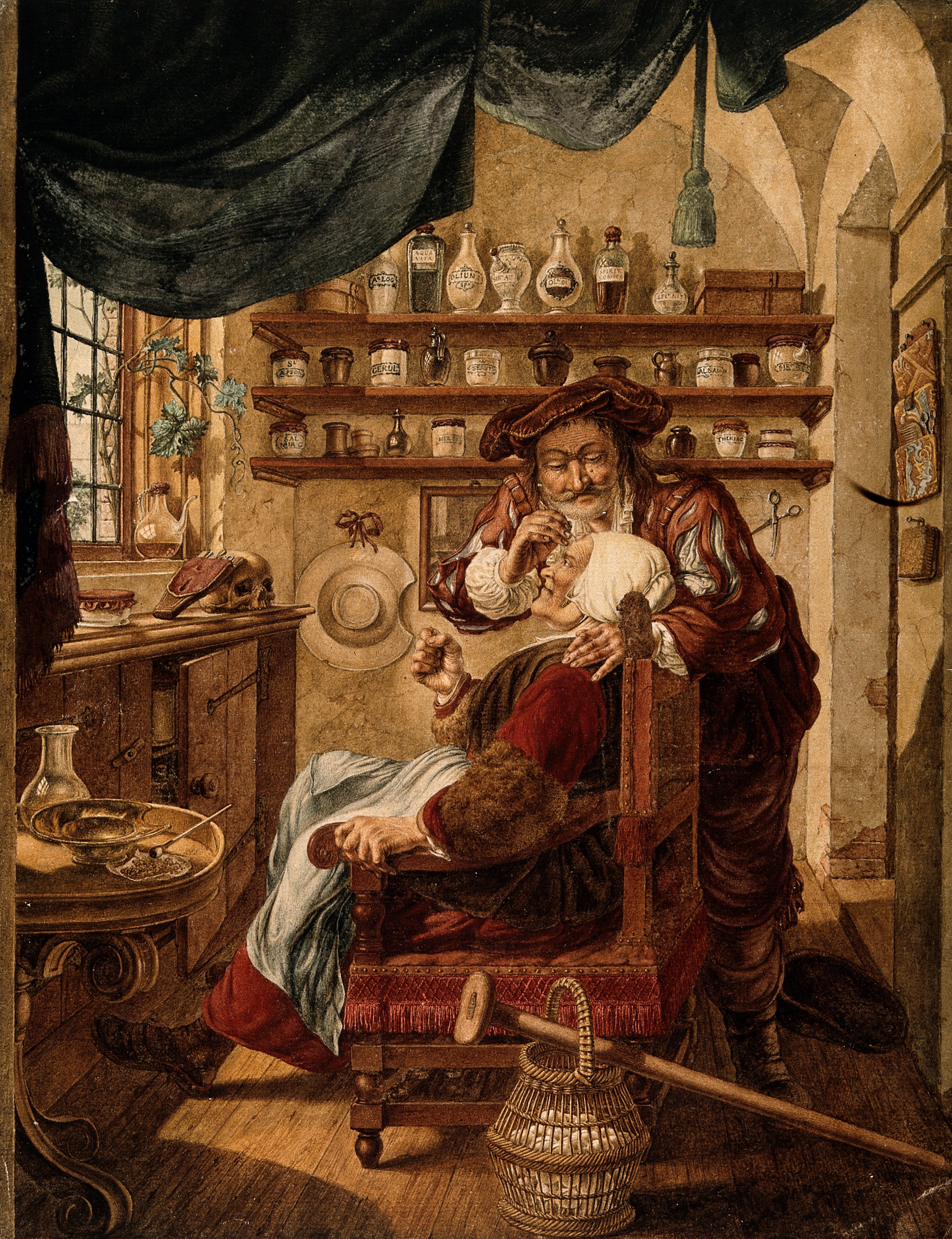 A Barber-Surgeon Extracting Stones from a Woman's Head, 1787, Jacob Cats.