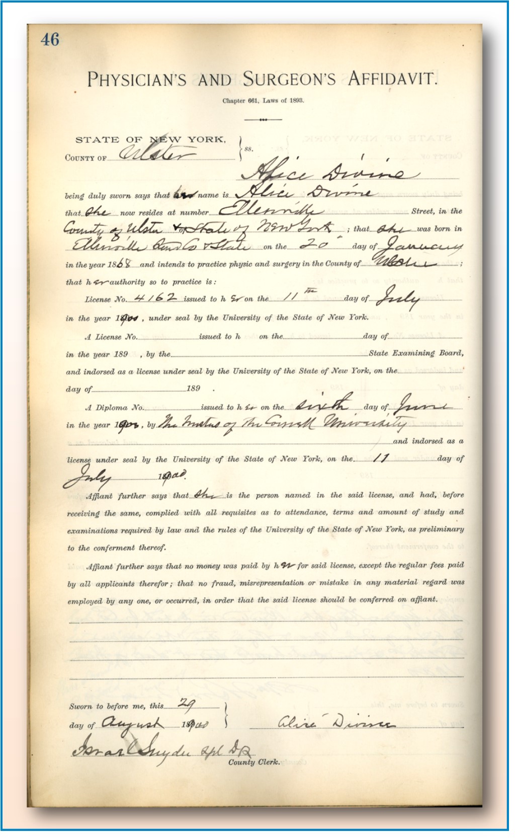 Alice Divine's Physician’s and Surgeon’s Affidavit (1900)